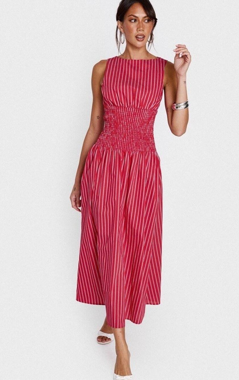 Princess Polly Lilienne Striped Smocked Sleeveless Midi Maxi Dress Size 4